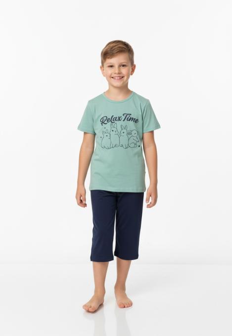 Pijama copii cu maneca scurta si pantaloni 3/4,culoare verde deschis ,Engros